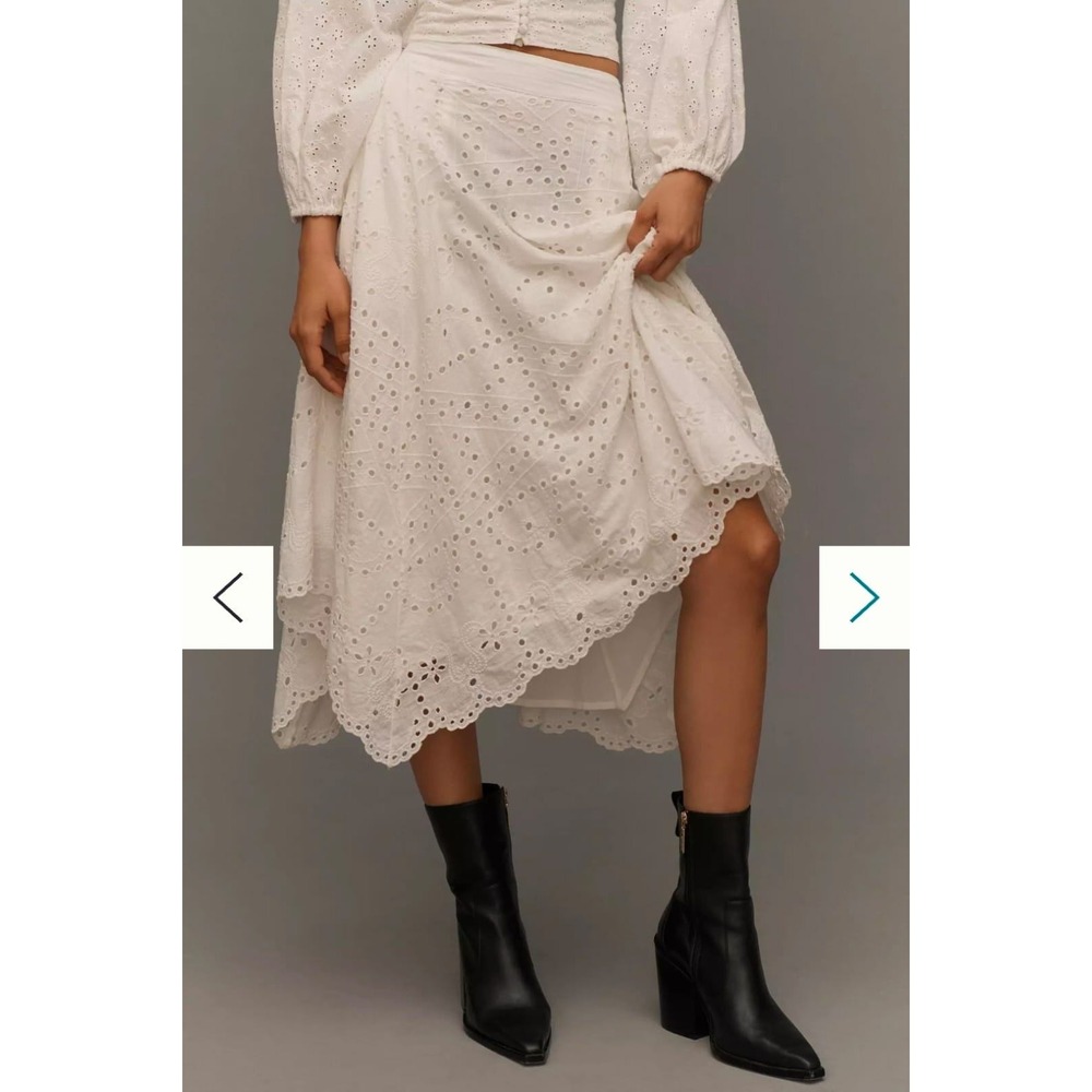 by Anthropologie White Eyelet Handkerchief Hem Midi Skirt Large Boho Floral